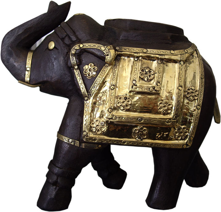 Wooden Elephant in Antique Color with Brass Work (Handicraft)