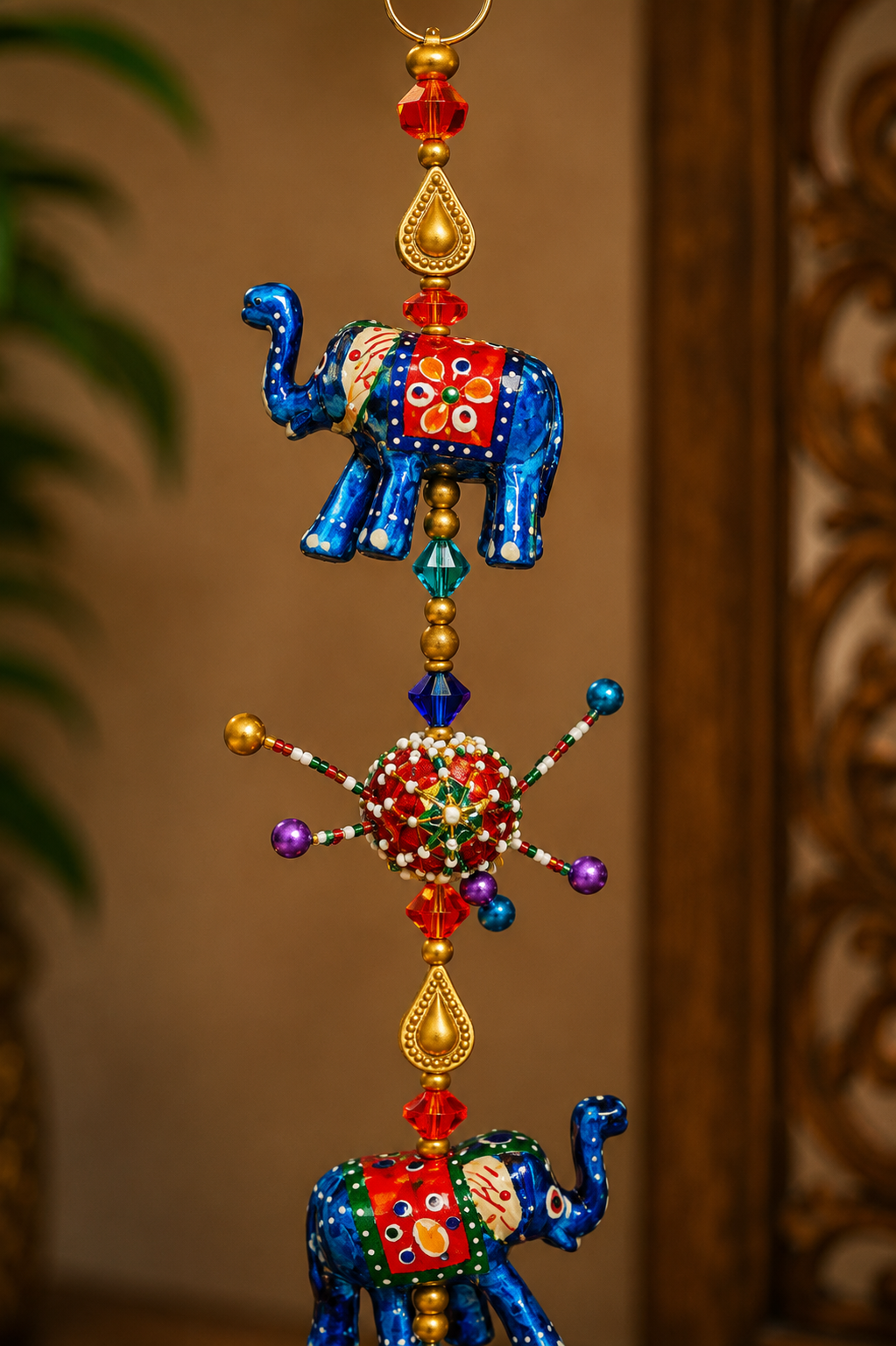Wooden Elephant Hanging Wind Chime – Handmade Indian Décor (Approx. 17”)