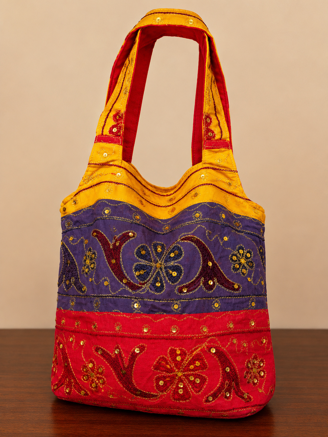 Tri Color Gold Sequin Hand Embroidered Sling Bag