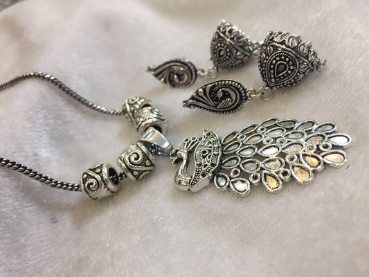 Peacock Pendant Necklace with Earrings Set