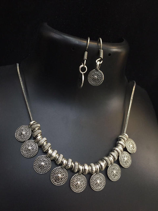 Antique Flower Coin Long Necklace with Earrings