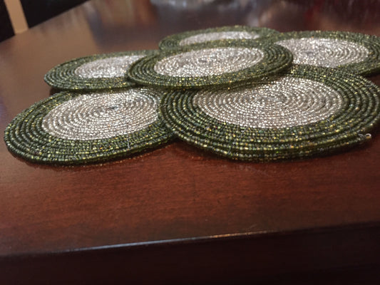 Green & Silver Bead Coasters - Set of 6