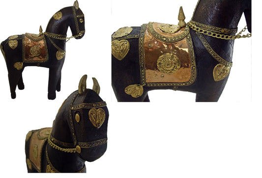 Wooden Horse - Antique colored with brass work (Handicraft)