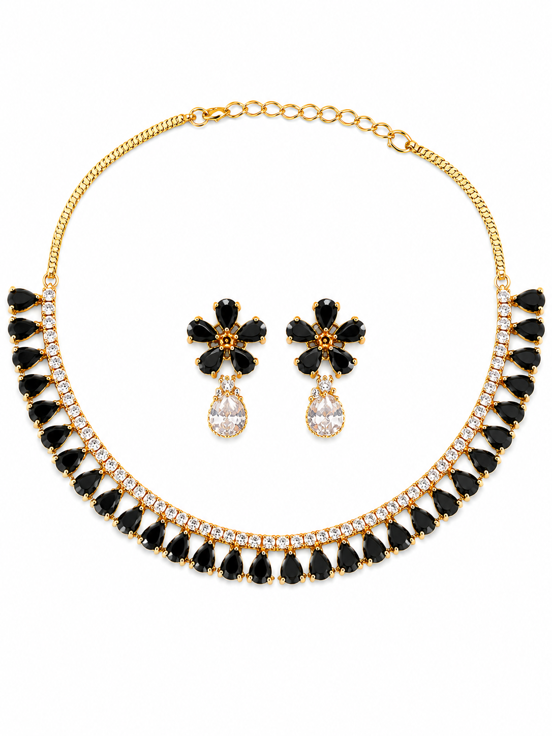 Black Semi Precious Stone Tear Drop Necklace & Earring Set
