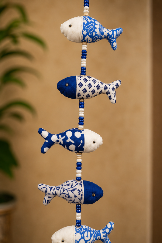 Blue and White fish hanging Blue & White Fabric Fish Hanging – Handmade Decorative Wall Hanging (38”)
