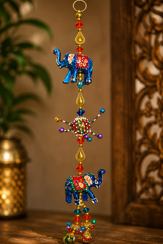 Wooden Elephant Hanging Wind Chime – Handmade Indian Décor (Approx. 17”)