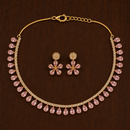 Pink Semi Precious Stone Tear Drop Necklace & Earring Set
