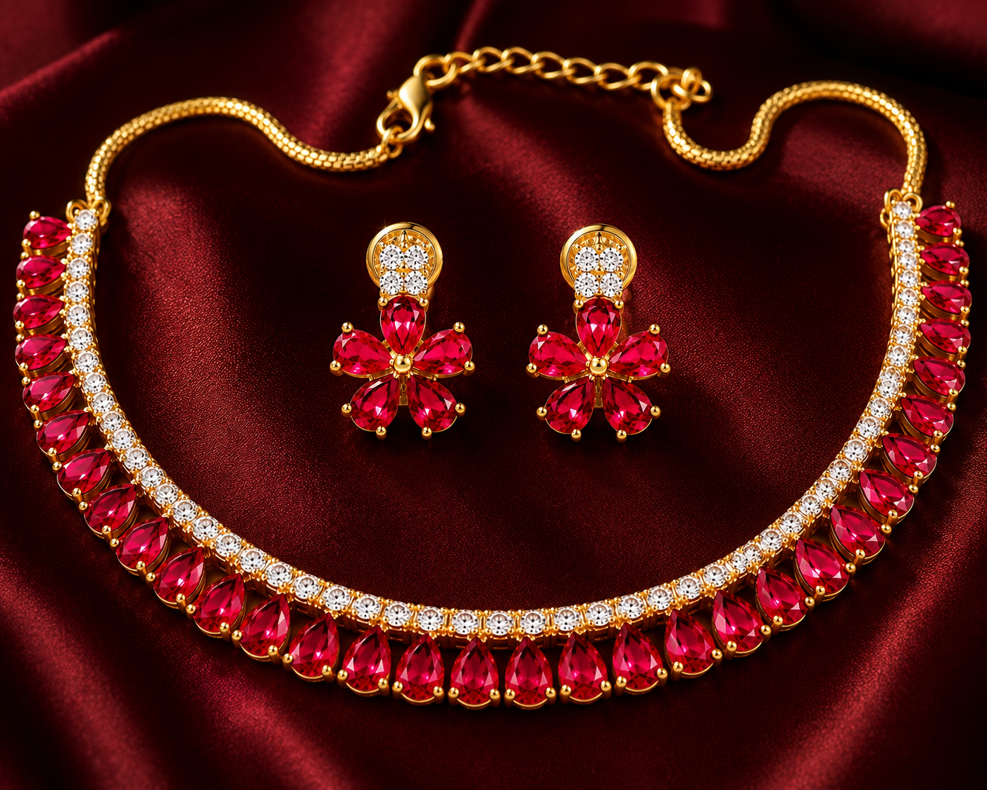 Red Semi Precious Stone Teardrop Necklace & Earrings Set
