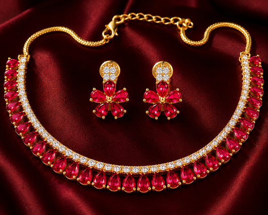 Red Semi Precious Stone Teardrop Necklace & Earrings Set