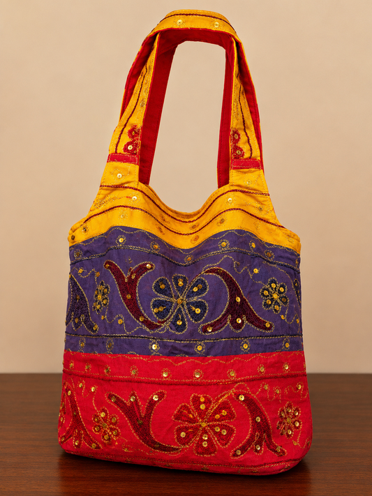 Tri Color Gold Sequin Hand Embroidered Sling Bag